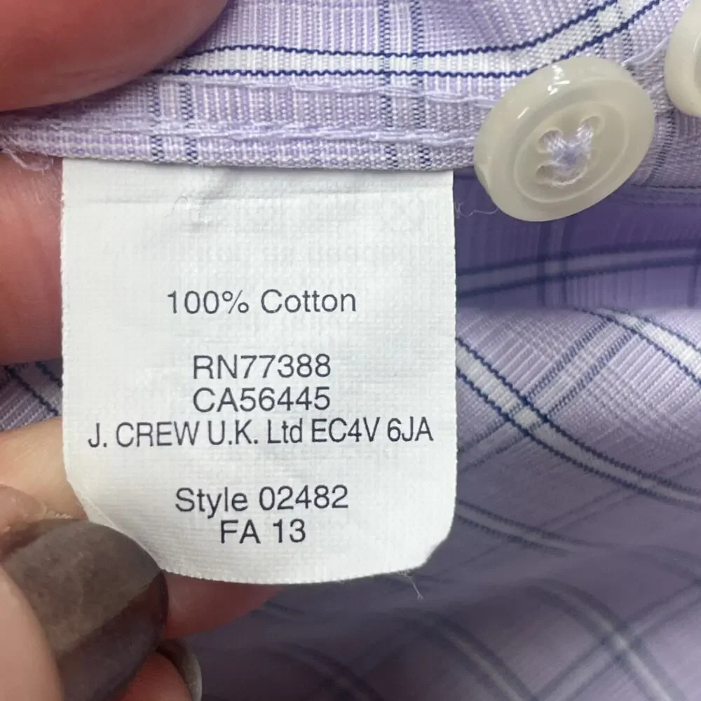 J. Crew Thompson Shirtings Wrinkle Free Purple White Plaid Check Size M 15 15.5